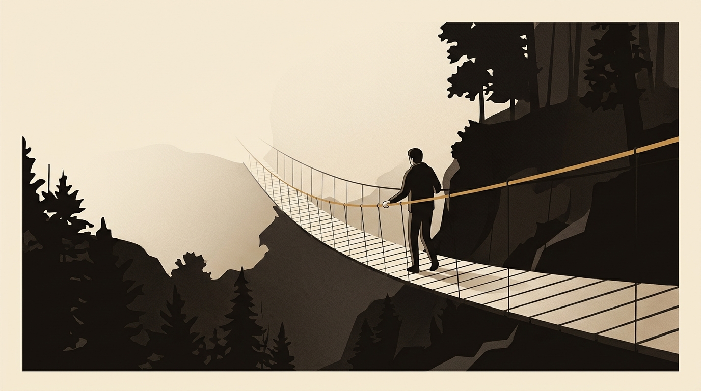 Passerelle suspendue au-dessus d'une gorge boisée, silhouette de dos agrippée à une corde caramel