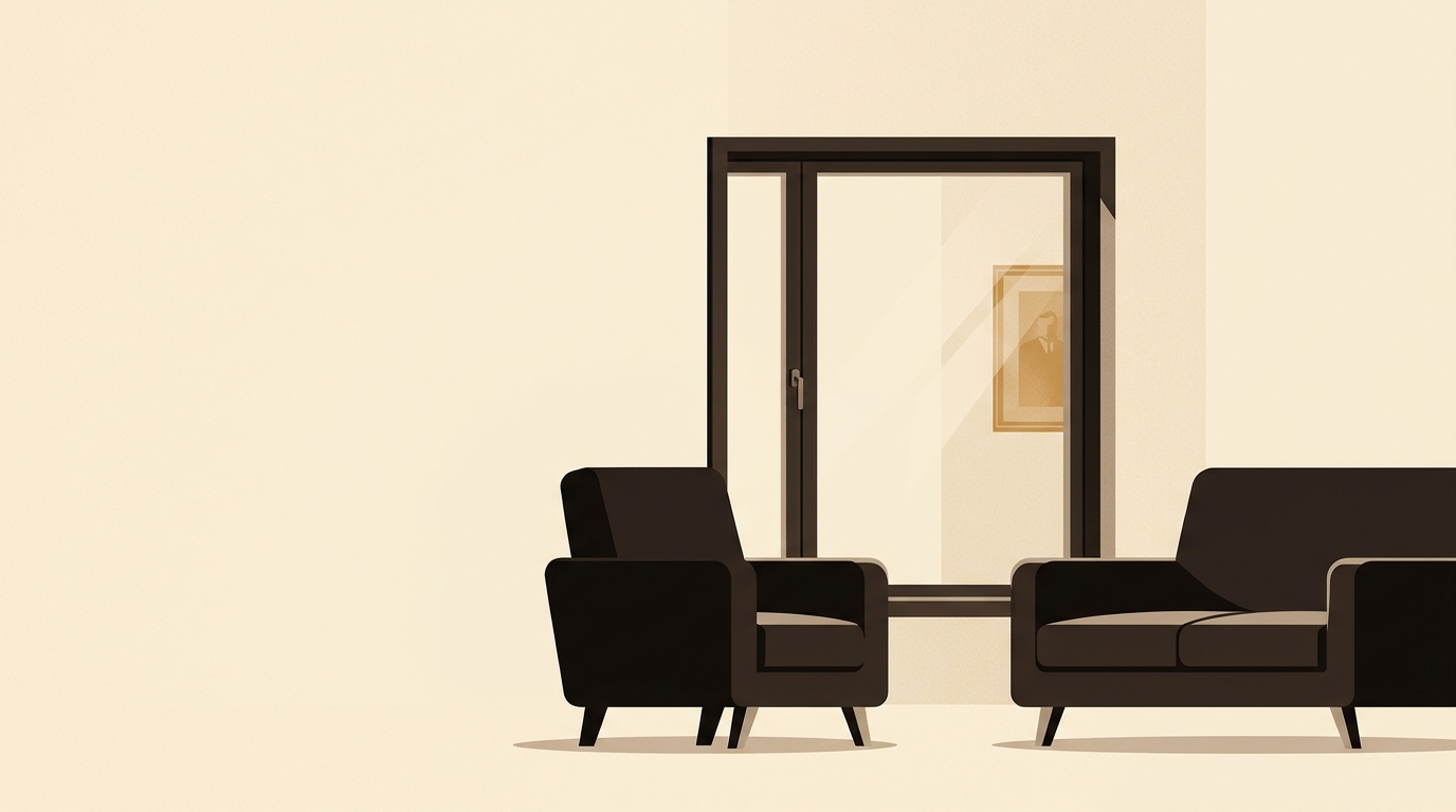 Cabinet vide avec fauteuil et divan, le reflet caramel d'une vieille photographie dans la vitre