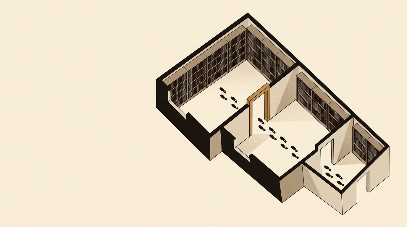 Plan de trois pièces, un petit vestibule, une antichambre et une vaste bibliothèque, porte d'accès en caramel