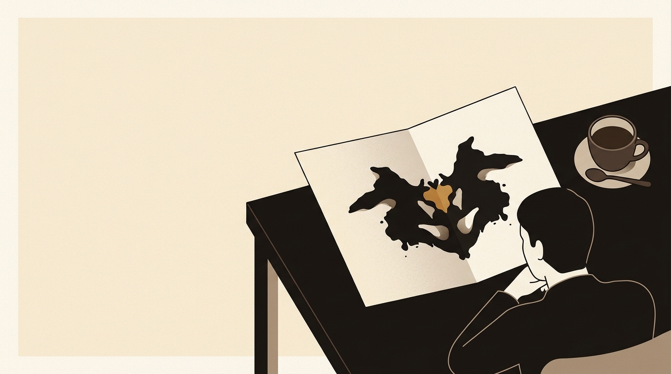Feuille dépliée montrant une tache d'encre symétrique dont le centre est caramel, silhouette de dos penchée vers elle