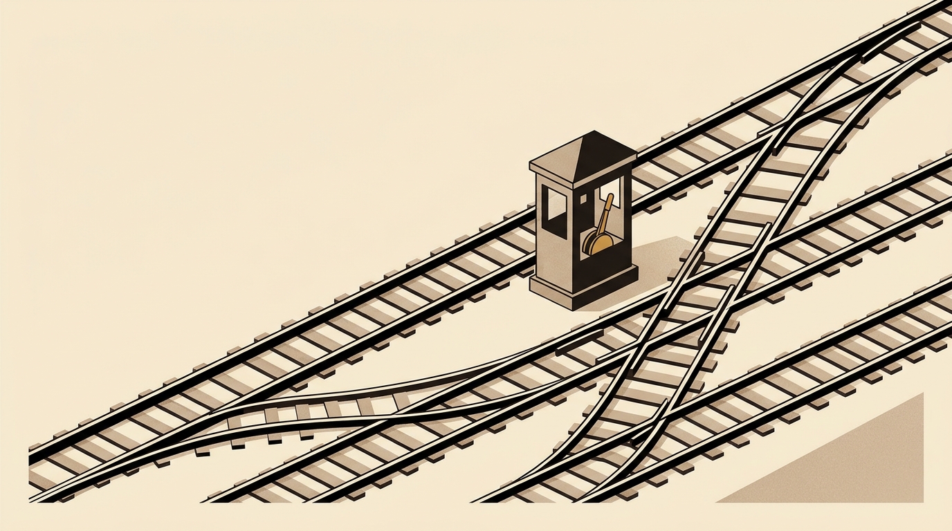 Gare de triage vue de dessus avec des voies qui se séparent, le levier d'aiguillage caramel au centre