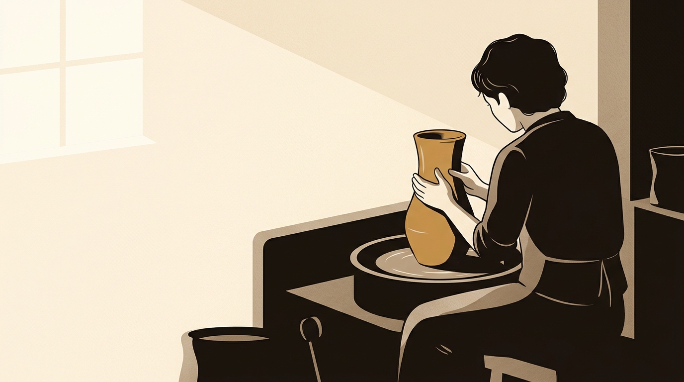 Potier de dos à son tour, les mains façonnant un vase d'argile caramel dans un atelier calme