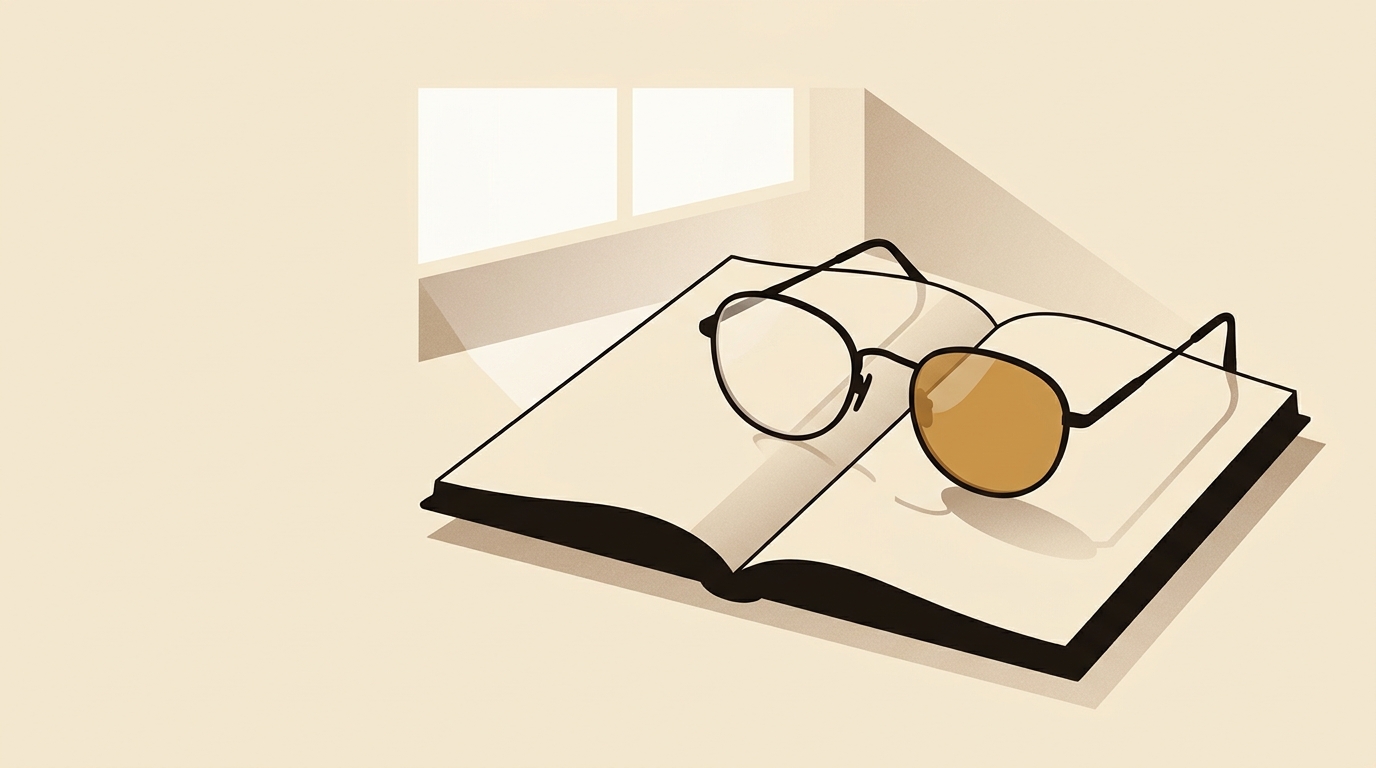 Lunettes posées sur un carnet ouvert, un verre teinté caramel déformant les lignes d'écriture