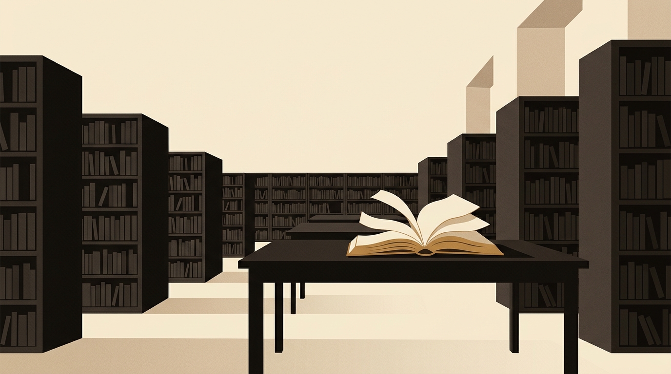 Salle de lecture ancienne avec un livre ouvert caramel sur une table centrale, pages légèrement soulevées