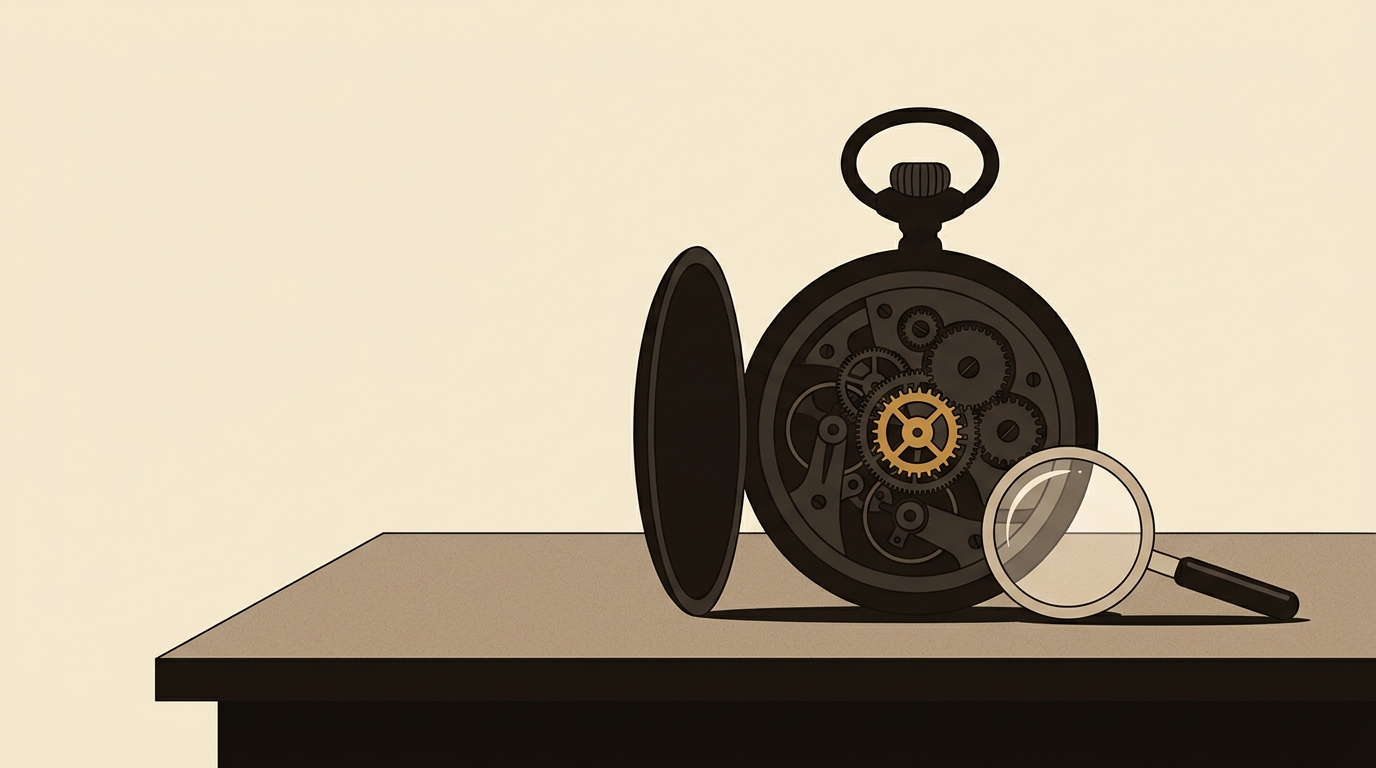 Mécanisme d'une montre de poche ouverte, rouages liés entre eux dont un rouage moteur caramel, loupe posée à côté
