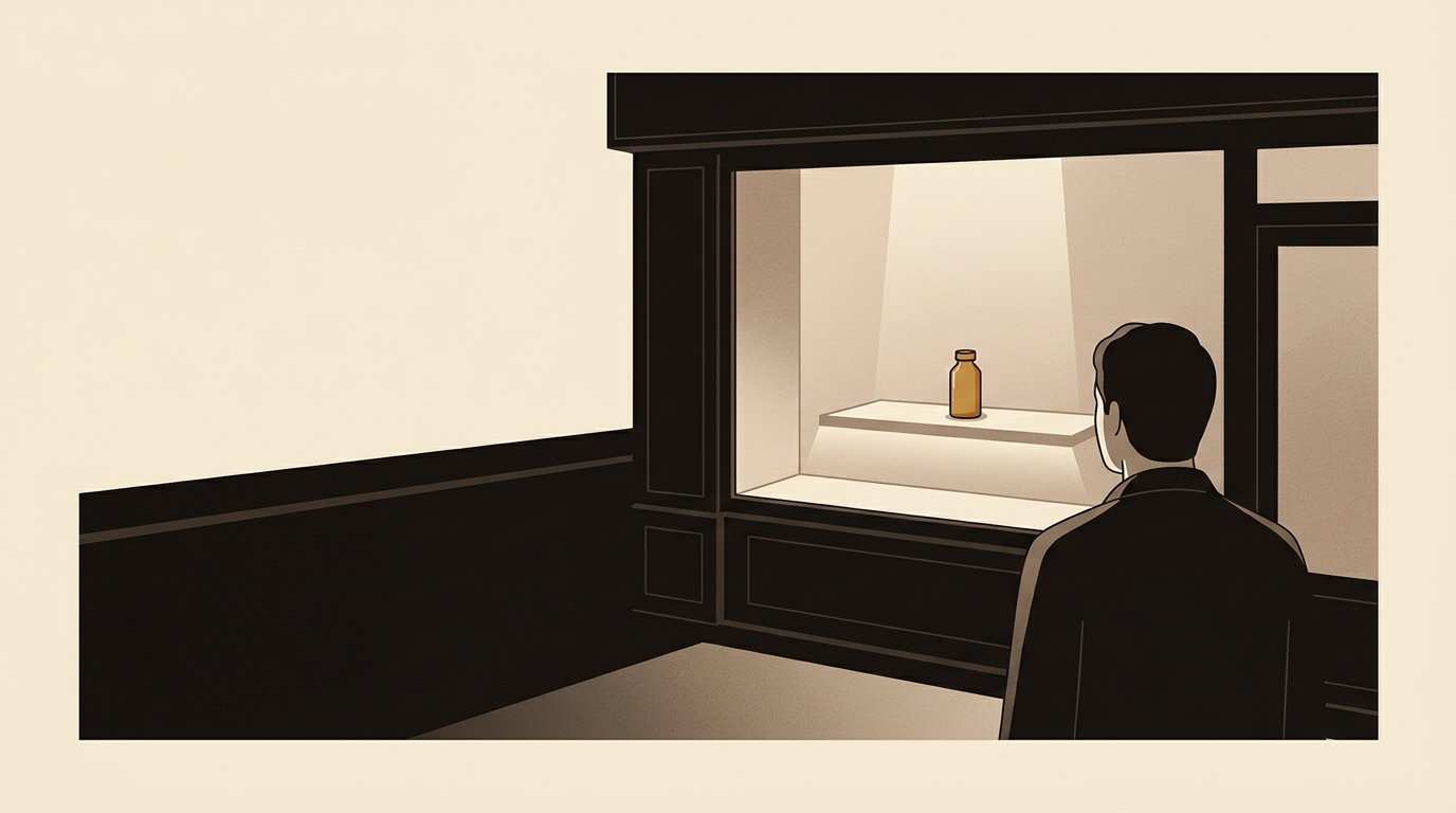 Silhouette de dos devant la vitrine éclairée d'une pharmacie la nuit, un petit flacon caramel sur l'étagère