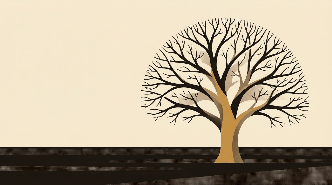 Grand arbre dont le tronc caramel unique se divise en plusieurs branches puis en rameaux