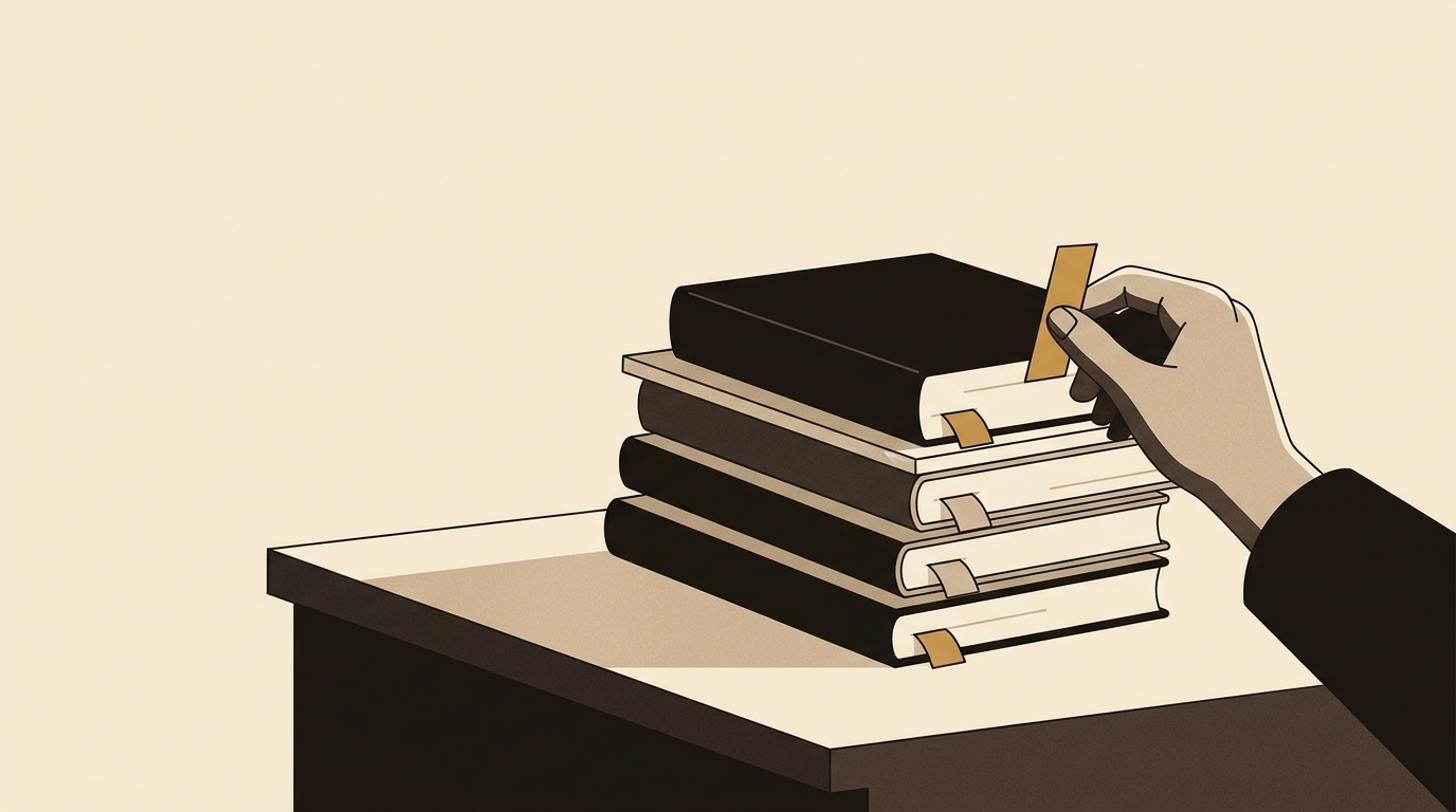 Pile de revues et de livres marqués de signets, une main y place un dernier signet caramel