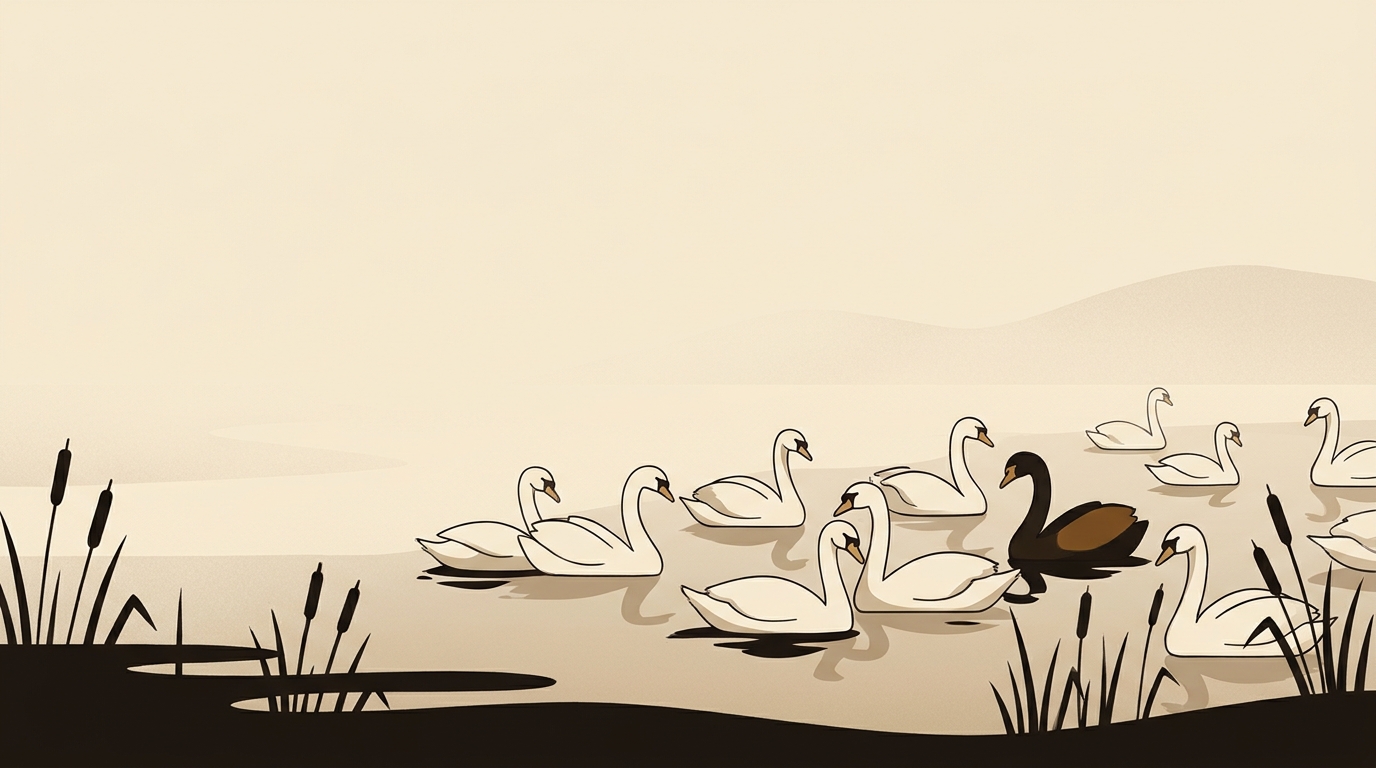 Groupe de cygnes blancs sur un lac à l'aube, un seul cygne différent coloré en caramel parmi eux