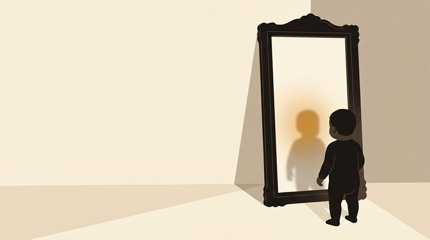 Jeune enfant de dos devant un grand miroir ancien dont la surface brille d'un reflet caramel