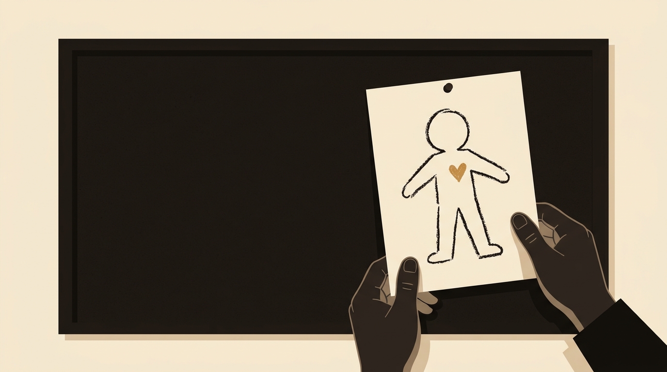 Dessin d'enfant épinglé sur un panneau de liège, une petite marque caramel au centre du personnage dessiné